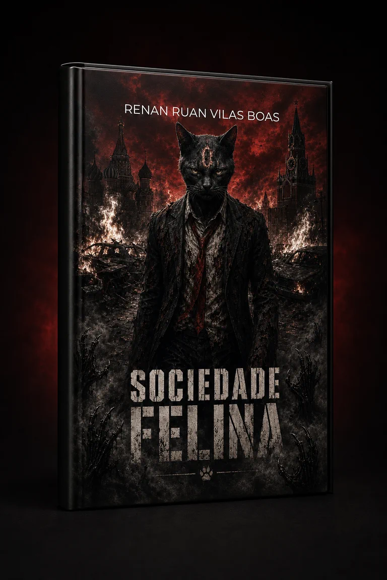 Mockup 3D do e-book Sociedade Felina com a capa oficial, de Renan Ruan Vilas Boas